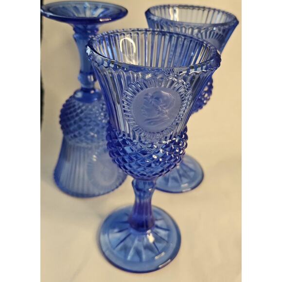Cobalt Blue Fostoria Glasses Made For Avon George Martha Washington Set Of Three - Picture 1 of 16